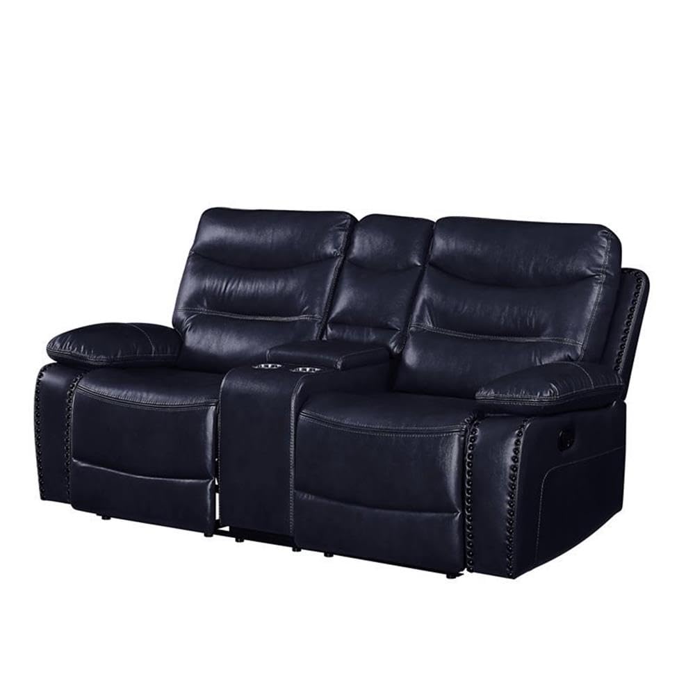 Acme Aashi Leather-Gel Tufted Motion Reclining Loveseat with Console in Navy