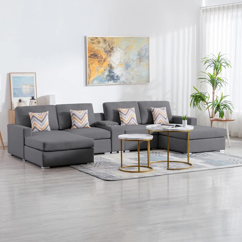 Lilola Home Nolan Gray Linen Fabric 5Pc Double Chaise Sectional Sofa with Interchangeable Legs, a USB, Charging Ports, Cupholders, Storage Console Table and Pillows