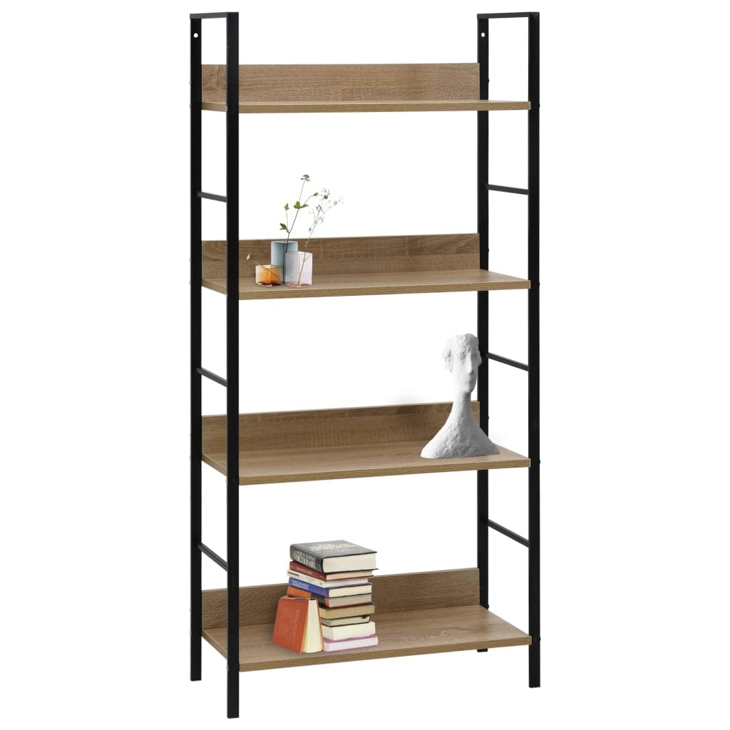 vidaXL 4-Layer Book Shelf in Oak and Black, Compact Engineered Wood and Steel Bookshelf/Plant Display Rack for Home & Office, Industrial Style, Easy to Clean, Space-Efficient Furniture