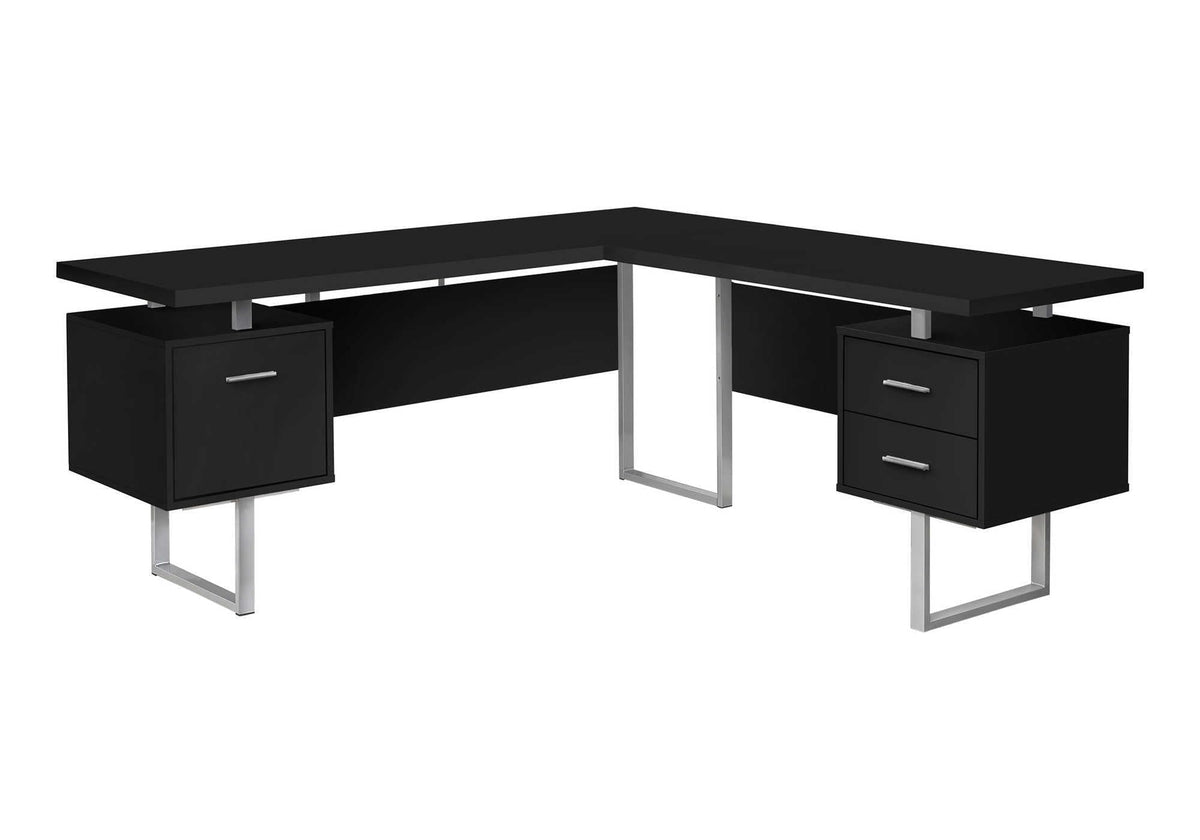 Monarch Specialties 7619 Computer Desk, Home Office, Corner, Left, Right Set-up, Storage Drawers, 70' Shape, Work, Laptop, Metal, Laminate, Grey Desk-70 L Black Silver R Face, 71' L x 71' W x 30' H