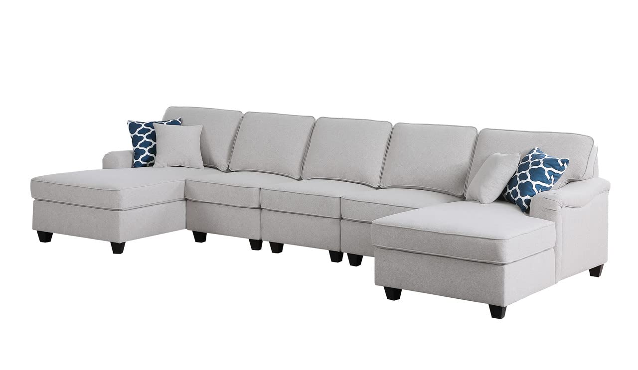 Lilola Home Leo Light Gray Linen Double Chaise 5Pc Modular Sectional Sofa