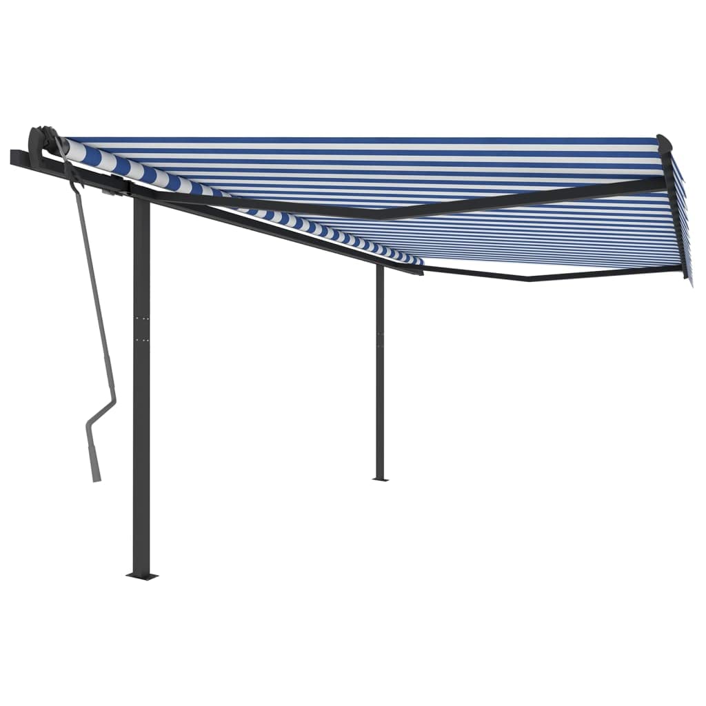 vidaXL Manual Retractable Patio Awning with Sturdy Iron Post and Rust-Resistant Aluminum Frame, Water-Resistant and UV-Protective - Blue and White 13.1' x 9.8'&quot;