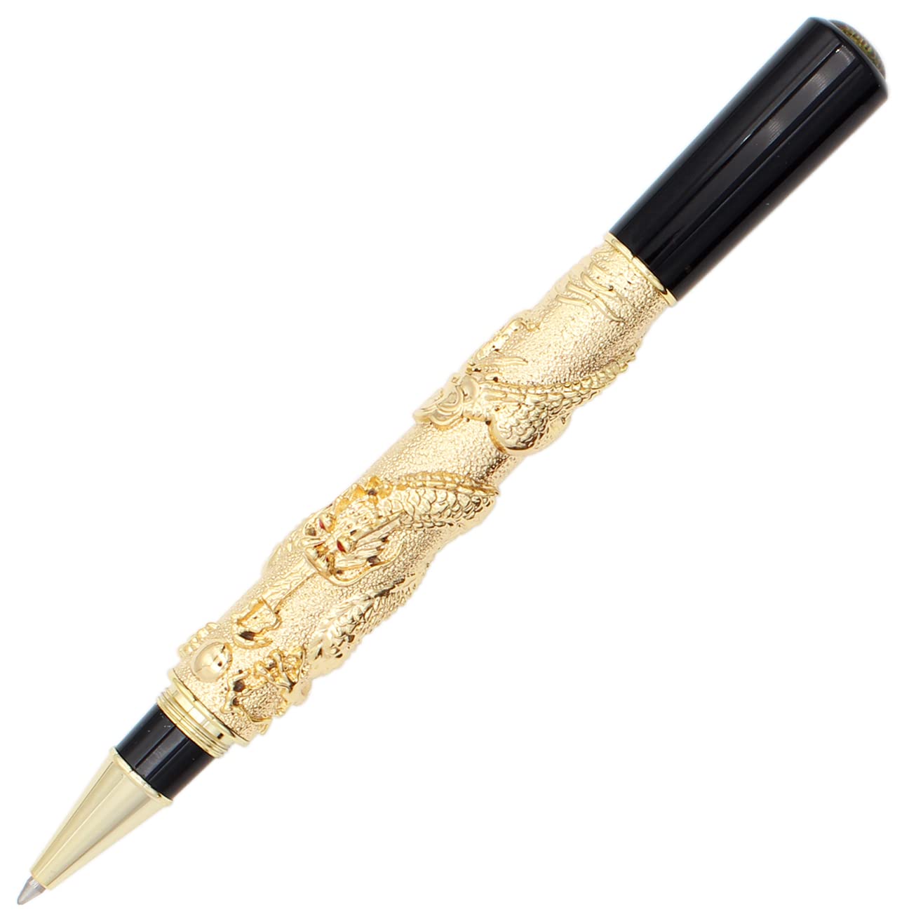 Gullor Antique Rollerball Pen, 3D Lifelike Chinese Dragon Carved, Metal Pen With Gift Box, Golden