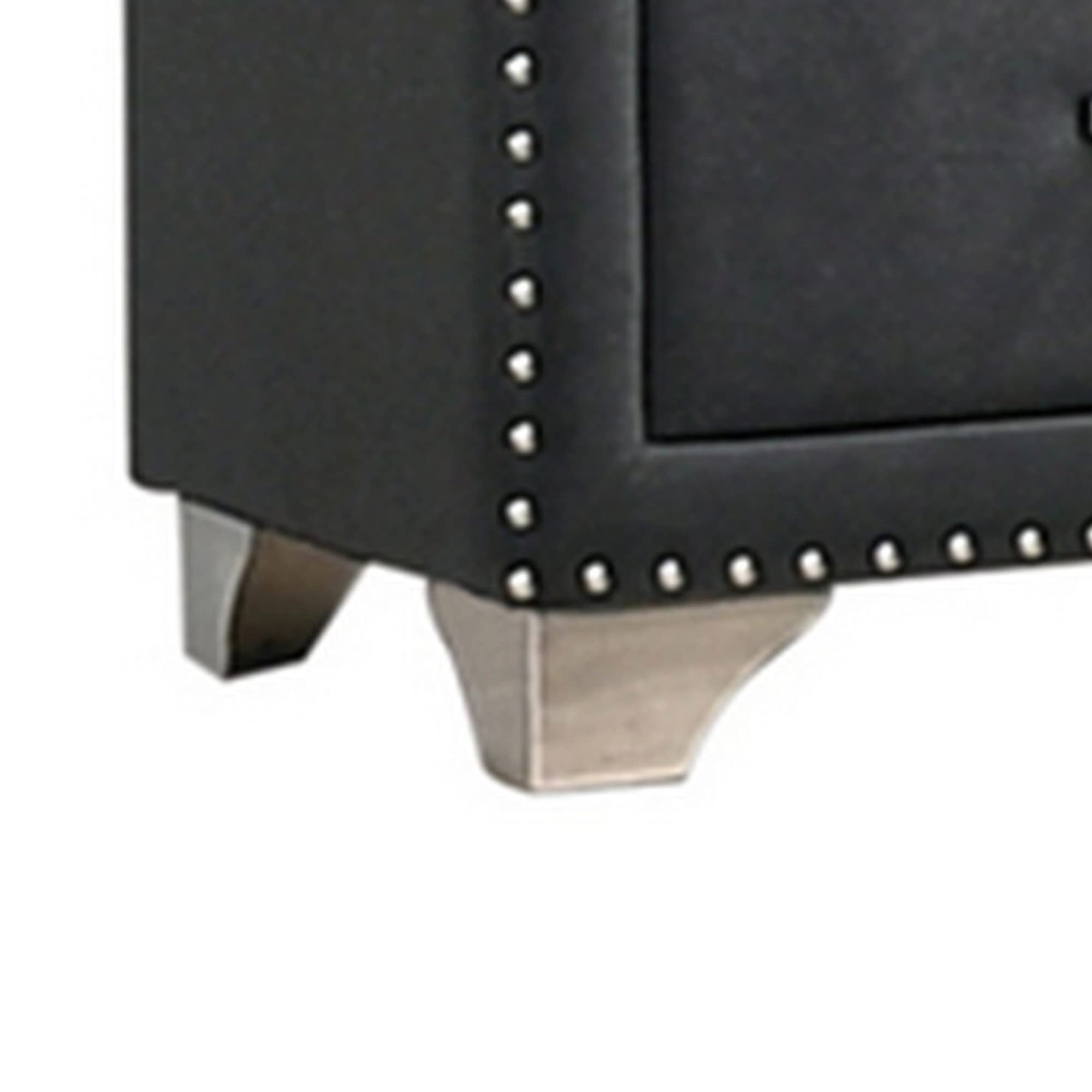 Benjara Cale 26 Inch Modern Glam Wood Nightstand, Nailhead, Velvet Upholstered, Gray and Chrome