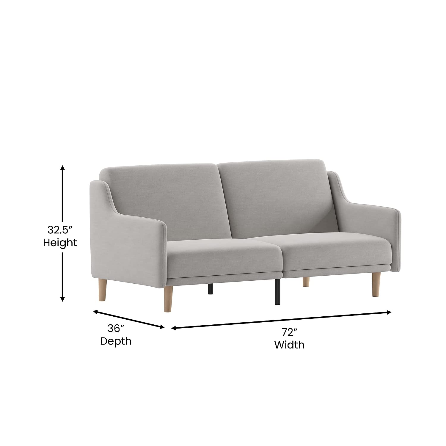 Flash Furniture Delphine Convertible Split Back Sofa Futon - Gray Faux Linen Upholstery - Solid Wood Legs - Curved Armrests - Sleeper Couch For Small Spaces,Grey