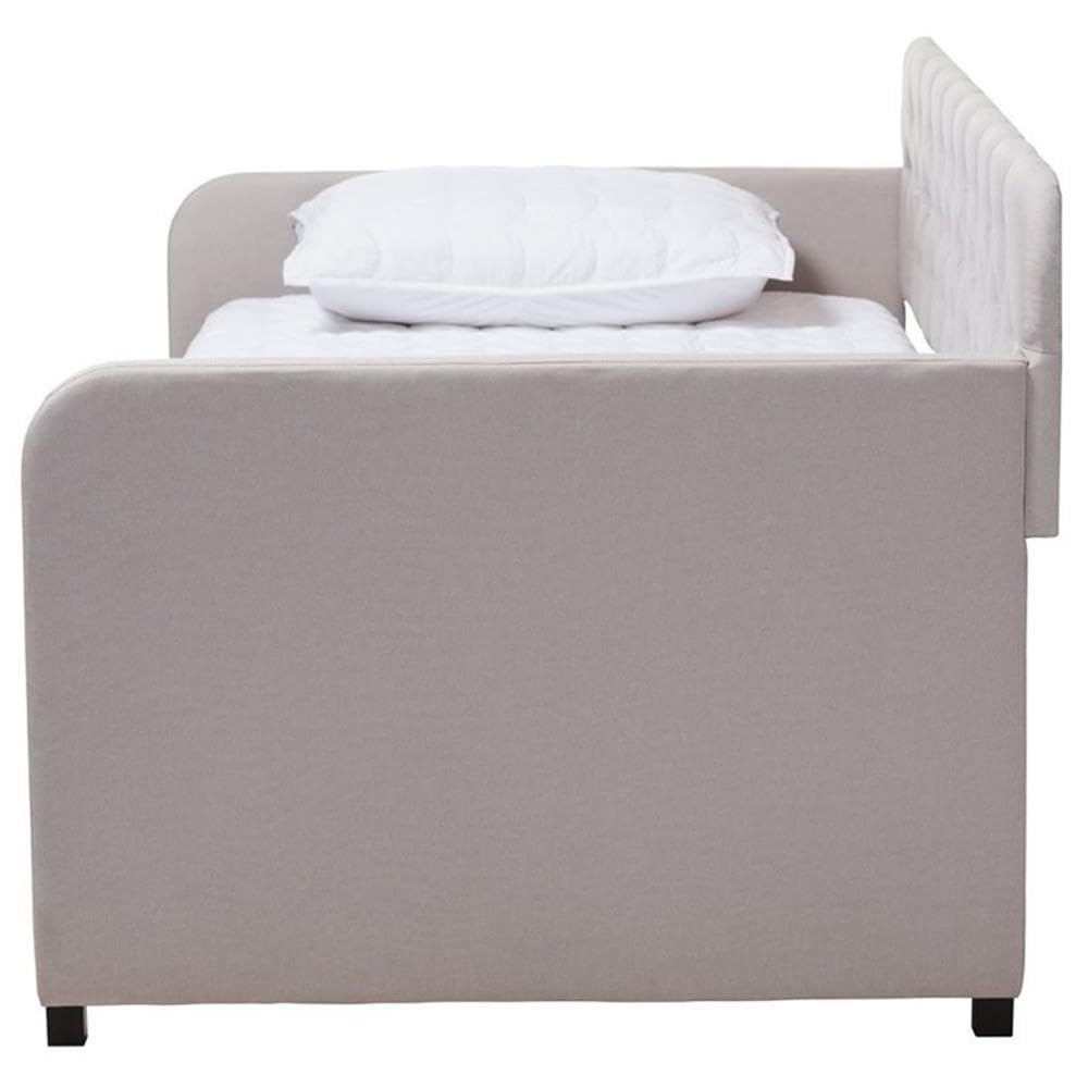 Baxton Studio Camelia Modern and Contemporary Beige Fabric Upholstered Button-Tufted Twin Size Sofa Daybed with Roll-Out Trundle Guest Bed