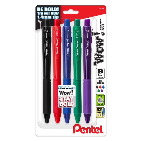 Pentel Wow! Retractable Ballpoint Pen, (1.4Mm) Bold Line, Assorted Ink Colors, 5 Pack