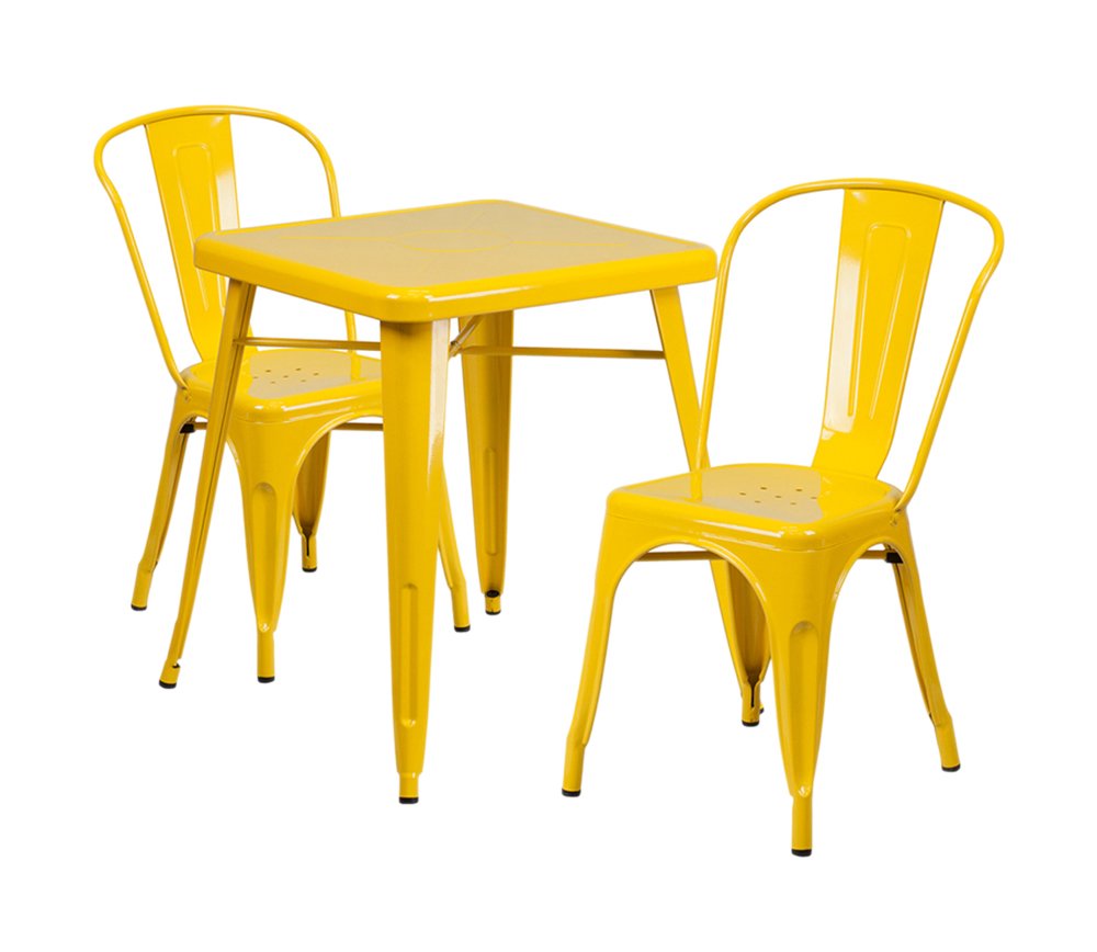 Flash Furniture Commercial Grade 23.75&quot; Square Yellow Metal Indoor-Outdoor Table Set With 2 Stack Chairs