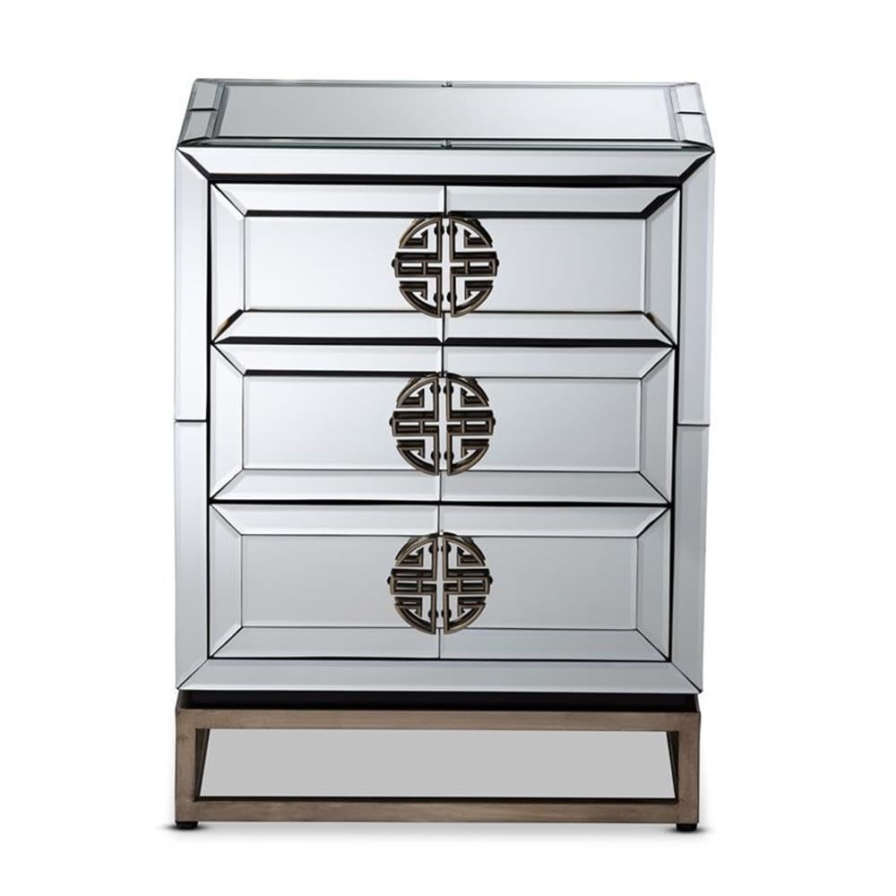 Baxton Studio 3-Drawer Nightstand - Mirrored/Silver & Bronze, Glass Finish, Contemporary Glam Design