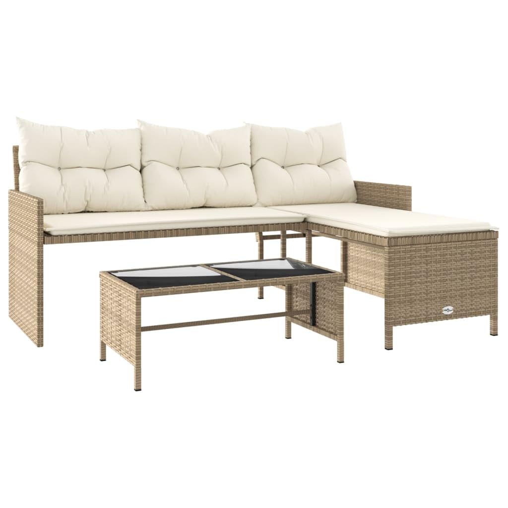 vidaXL L-Shaped Patio Sofa Set in Beige Poly Rattan – Outdoor 3-Seater Lounge with Table, Cushions & Washable Covers