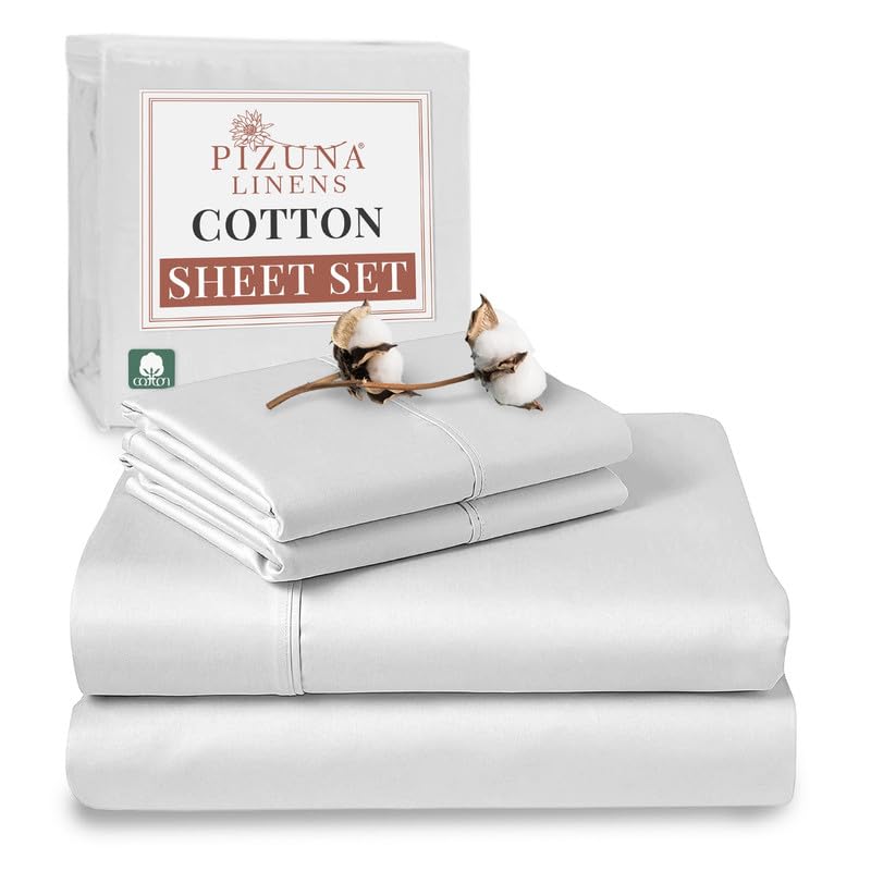 Pizuna Pure 100% Cotton Queen Size Sheet Set White, Luxurious 400 Thread Count Long Staple Cotton Sateen Sheets With 15'' Deep 2