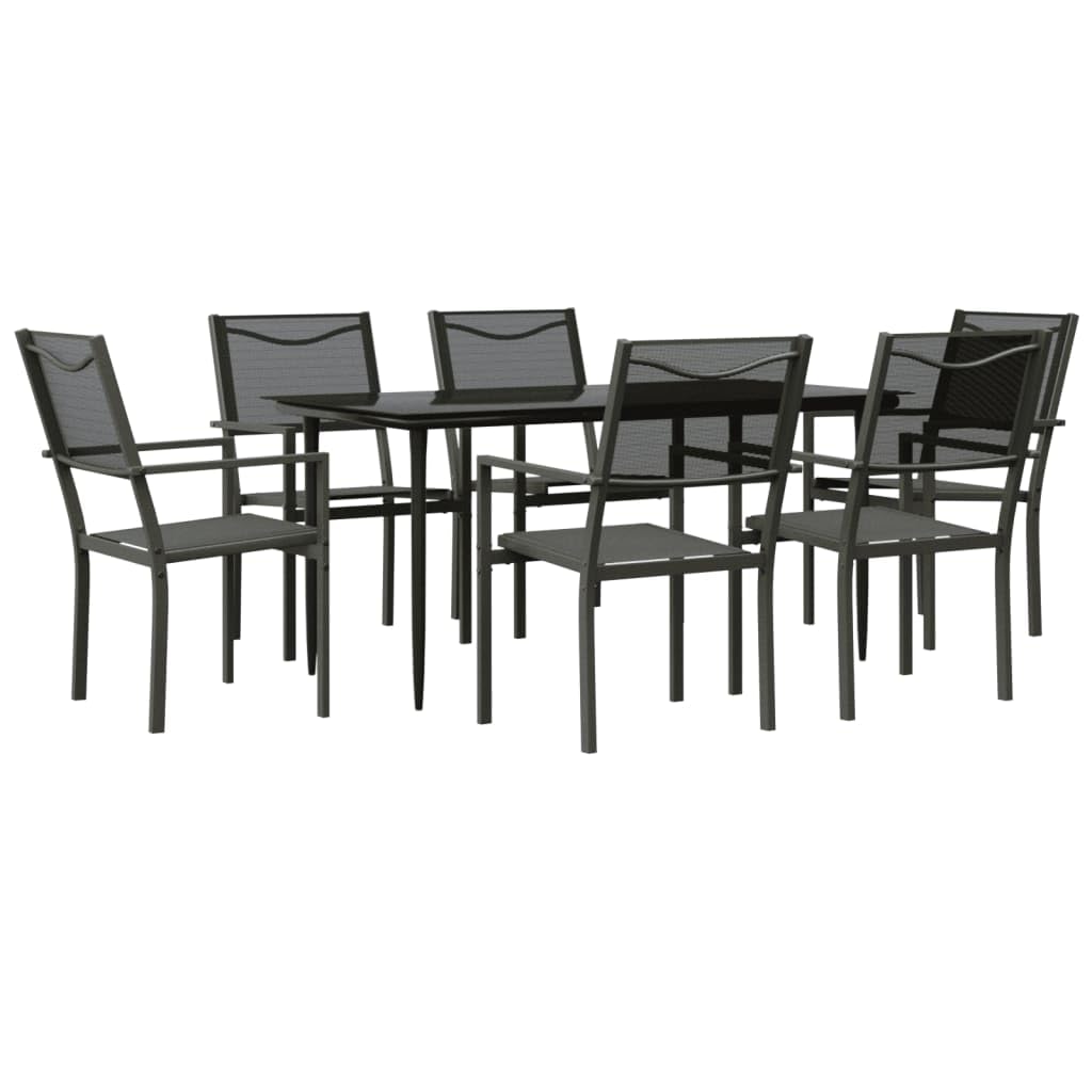 vidaXL 7 Piece Outdoor Patio Dining Set - Black Powder-Coated Steel and Textilene, Rectangular Tempered Glass Table, Comfortable Chairs - Elegant Design for Garden and Patio