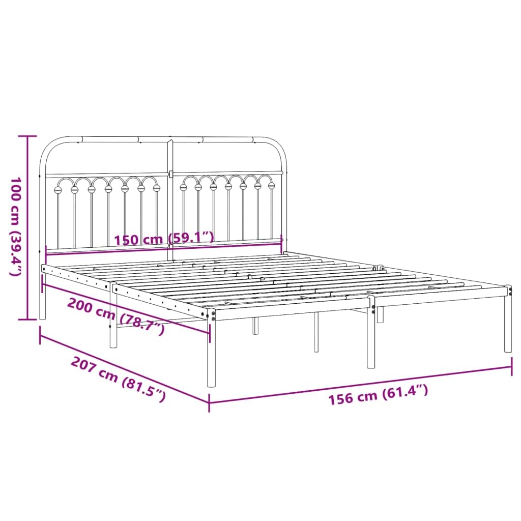 vidaXL King Size Metal Bed Frame with Headboard White Steel - 150x200 cm - Extra Storage Space - Stable and Durable