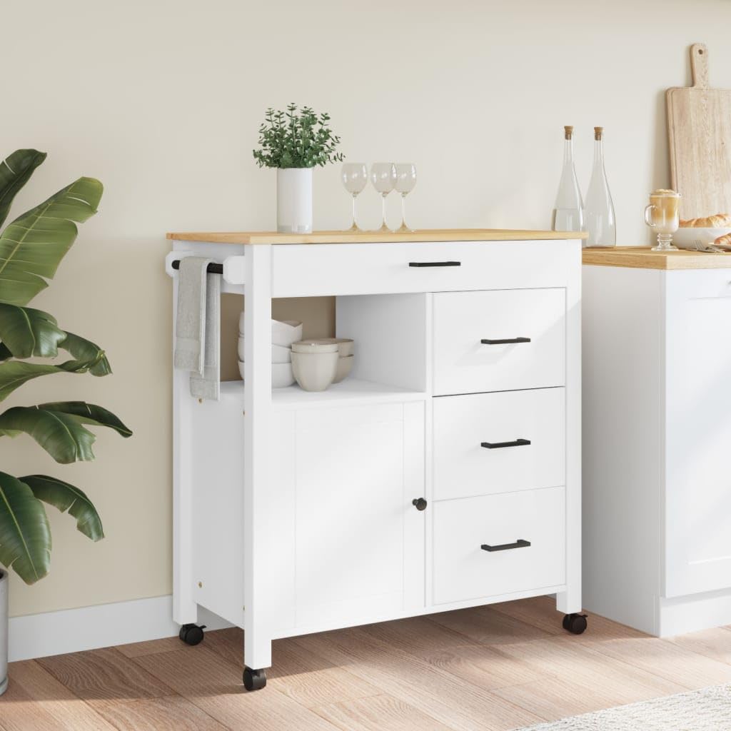 vidaXL Solid Pine Wood Kitchen Trolley - White/Honey Wax, Rolling Storage Cart with Drawers, Cabinet, and Wheels for Home Organization