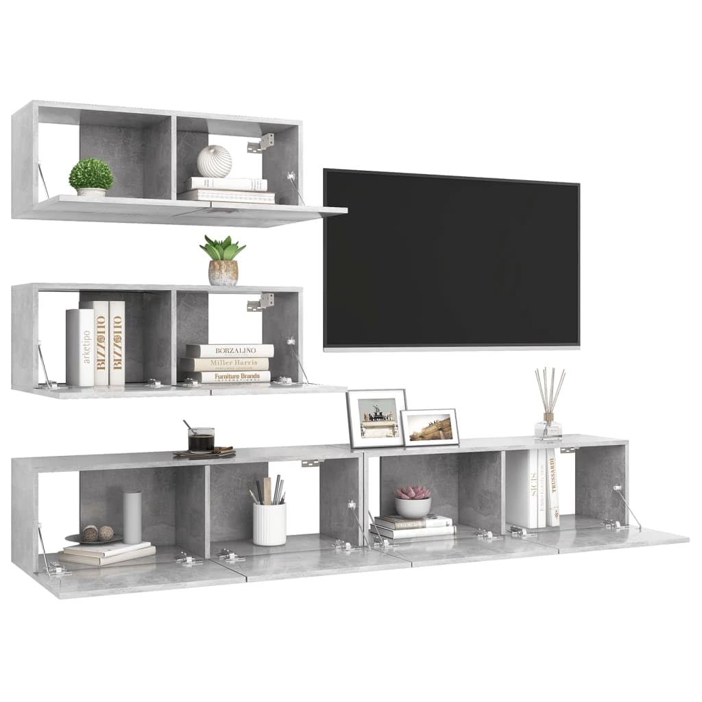 vidaXL Modern TV Cabinet Set - 4 Piece Design in Concrete Gray Engineered Wood - Wall Mounted Storage with Spacious Compartments for Living Room'