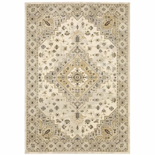 HomeRoots 508859 8 x 11 ft. Beige Gray Tan & Brown Oriental Power Loom Stain Resistant Rectangle Area Rug