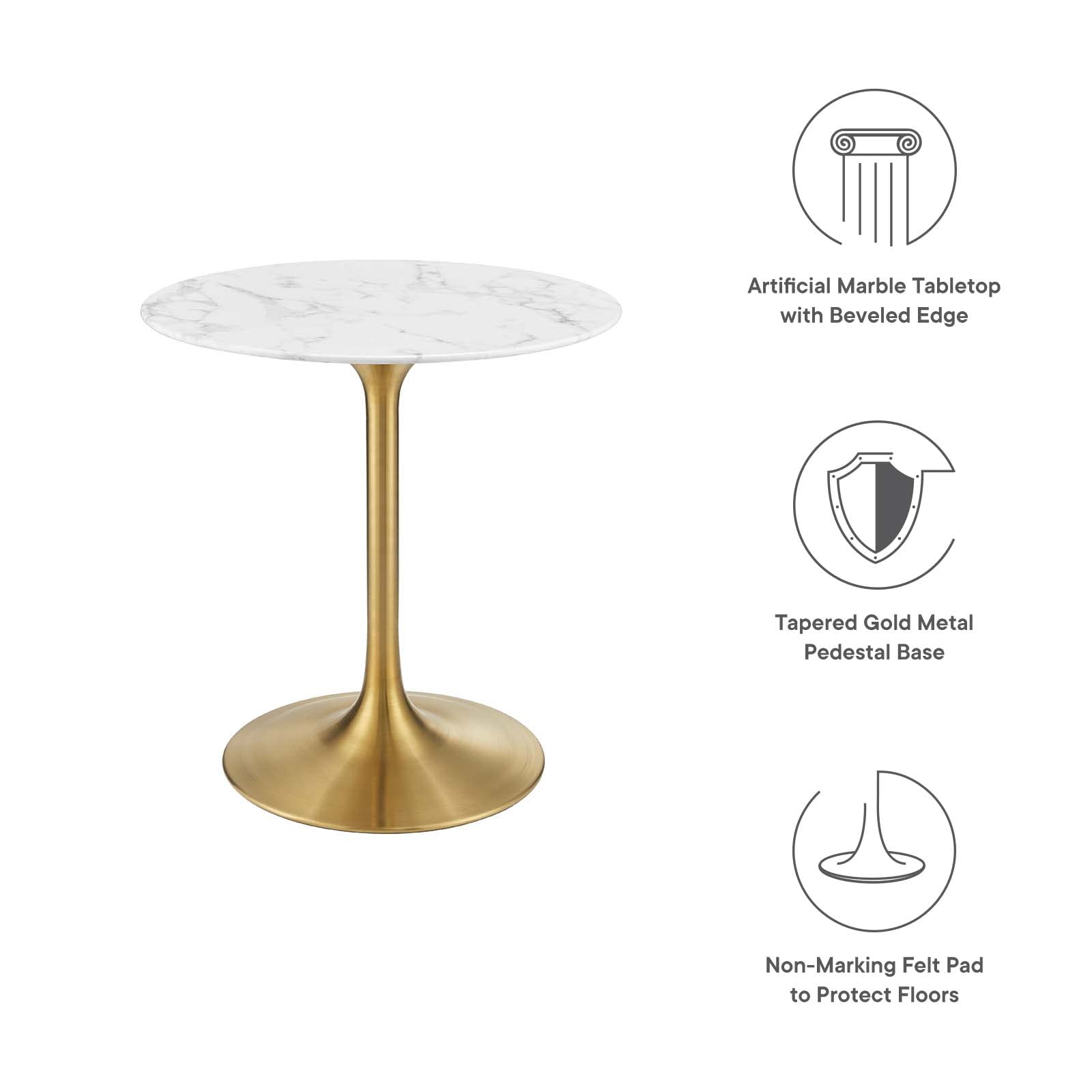Modway Lippa 28&quot; Mid-Century Modern Dining Table With Round Top In Gold White