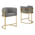 Best Quality Furniture Modern Barrel Counter Height Stools with Honeycomb Pattern, Teddy Fabric Upholstery - Dark Gray, Gold Chrome Finish