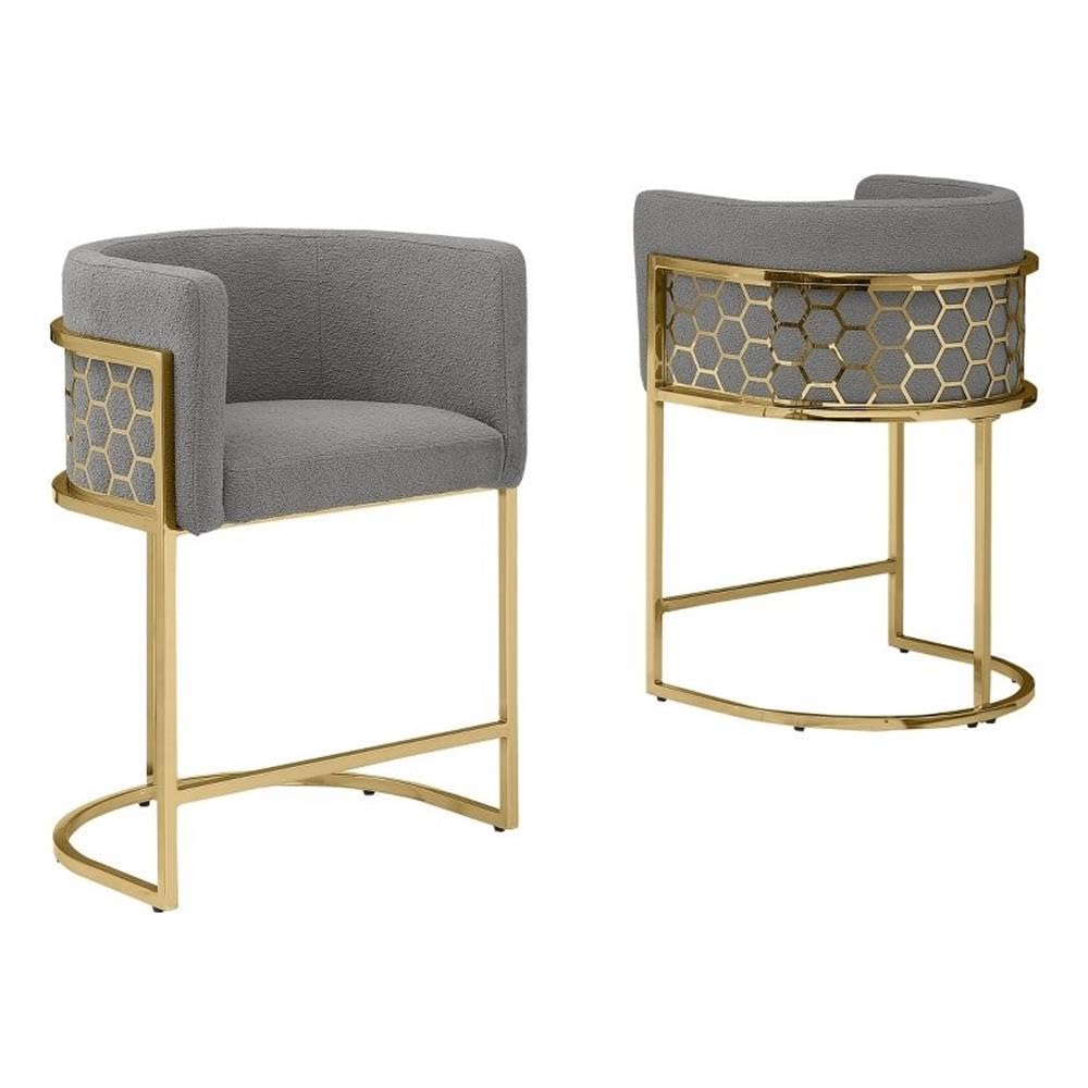 Best Quality Furniture Modern Barrel Counter Height Stools with Honeycomb Pattern, Teddy Fabric Upholstery - Dark Gray, Gold Chrome Finish