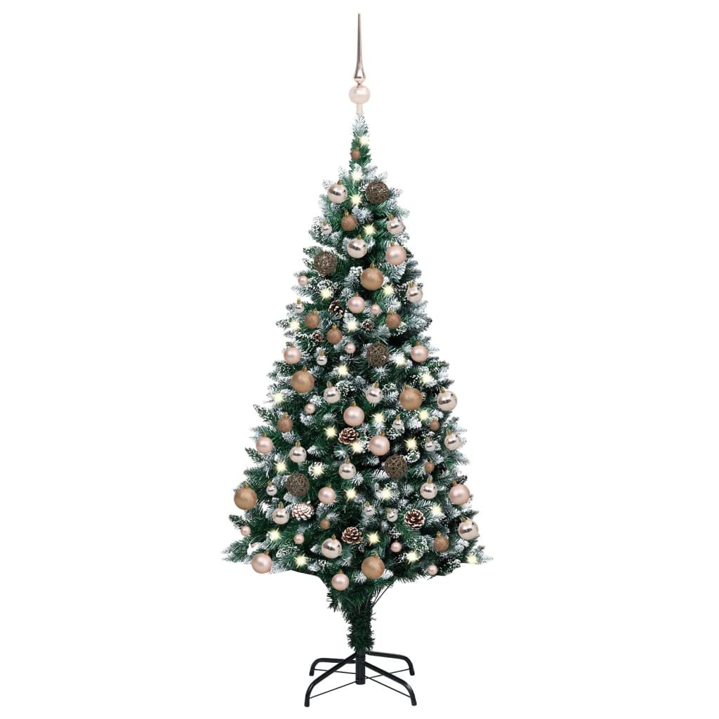 Vidaxl 59.1&quot; Artificial Christmas Tree With Led String Lights, Rose Gold Balls, Pine Cones And Snowy White Tips- Green And White