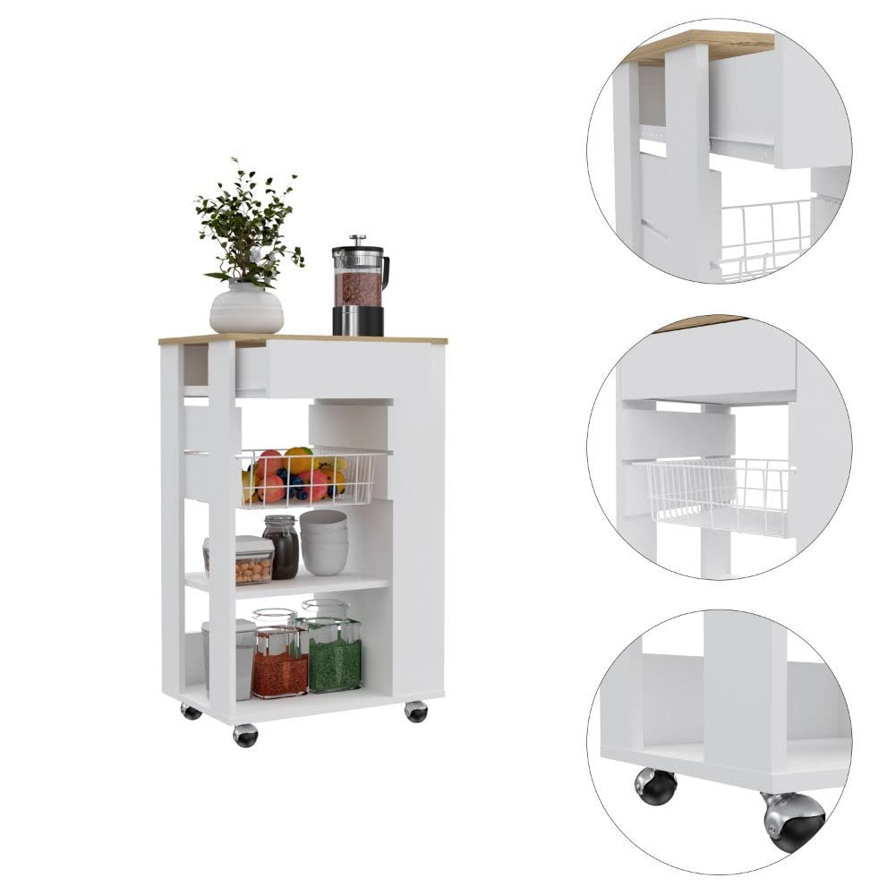 HomeRoots White-Light Oak Sleek White and Light Oak Portable Kitchen Cart