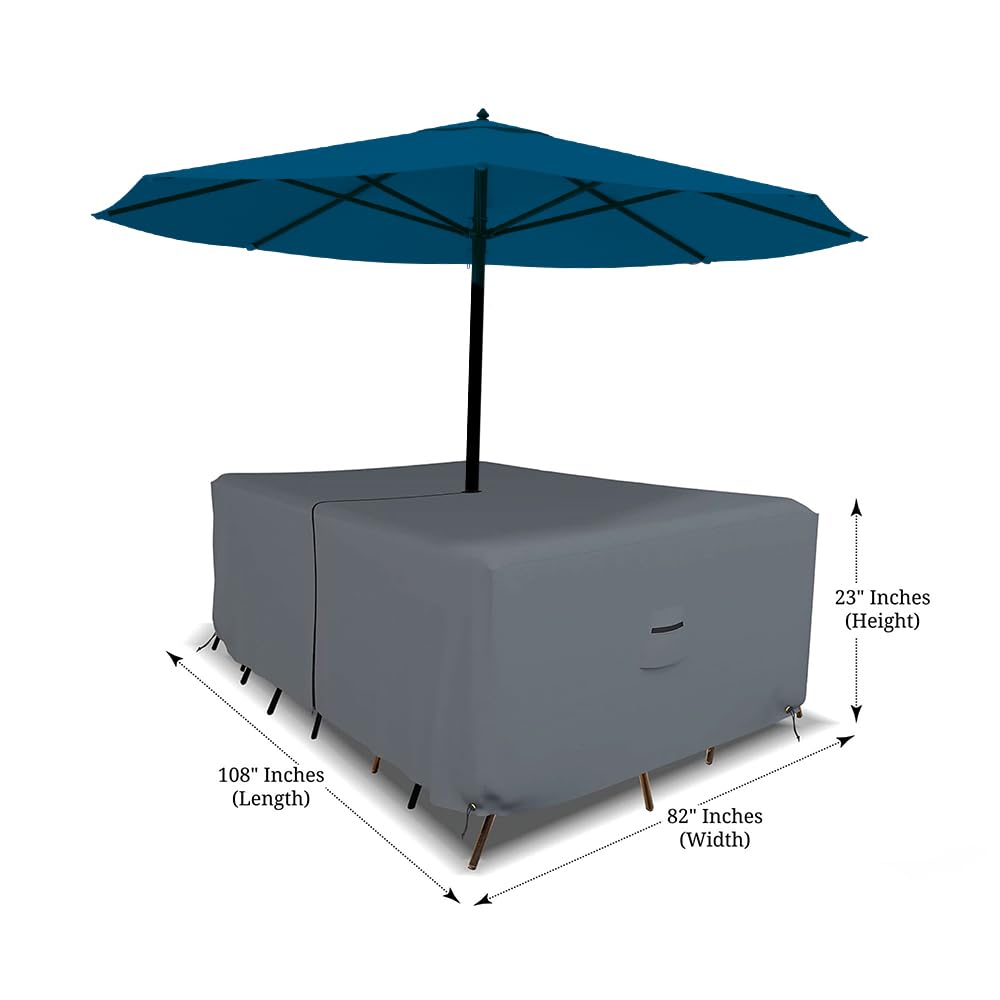 Covers & All Rectangle Table & Chair Set Cover, Umbrella Hole, 12 Oz Waterproof Uv & Weather Resistant, Patio Lawn Garden Backyard Furniture, Air Vents & Drawstrings (108'L X 82'W X 23'H, Gray)