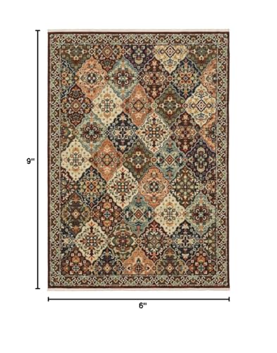 HomeRoots 509272 6 x 9 ft. Red Rust Navy Light Blue Brown Orange Ivory & Gold Oriental Power Loom Stain Resistant Rectangle Area Rug with Fringe