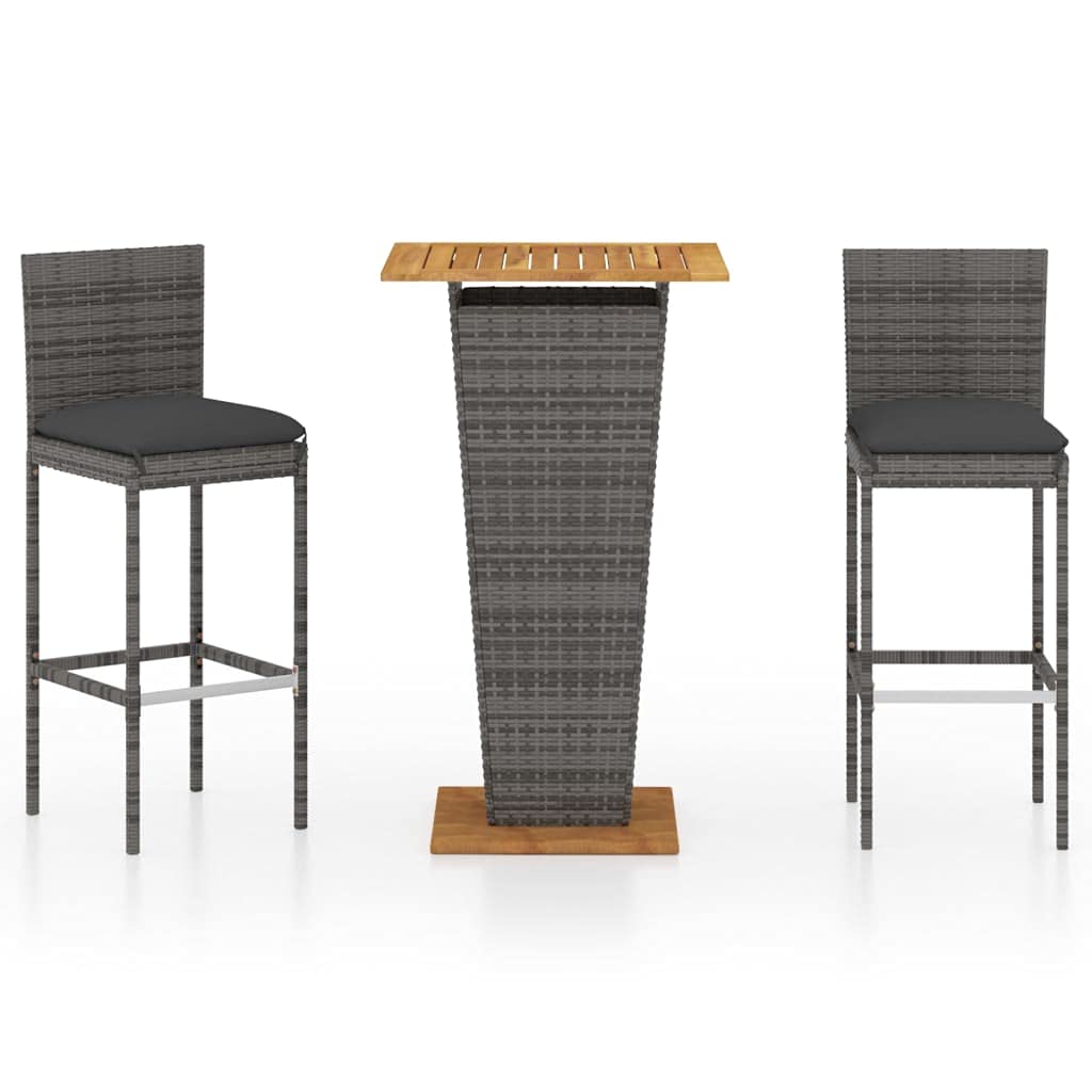 vidaXL Patio Bar Set with Cushions 3 Piece Garden Outdoor Balcony Backyard Terrace Bistro Furniture Table Chair Dining Stools Sets Poly Rattan Gray