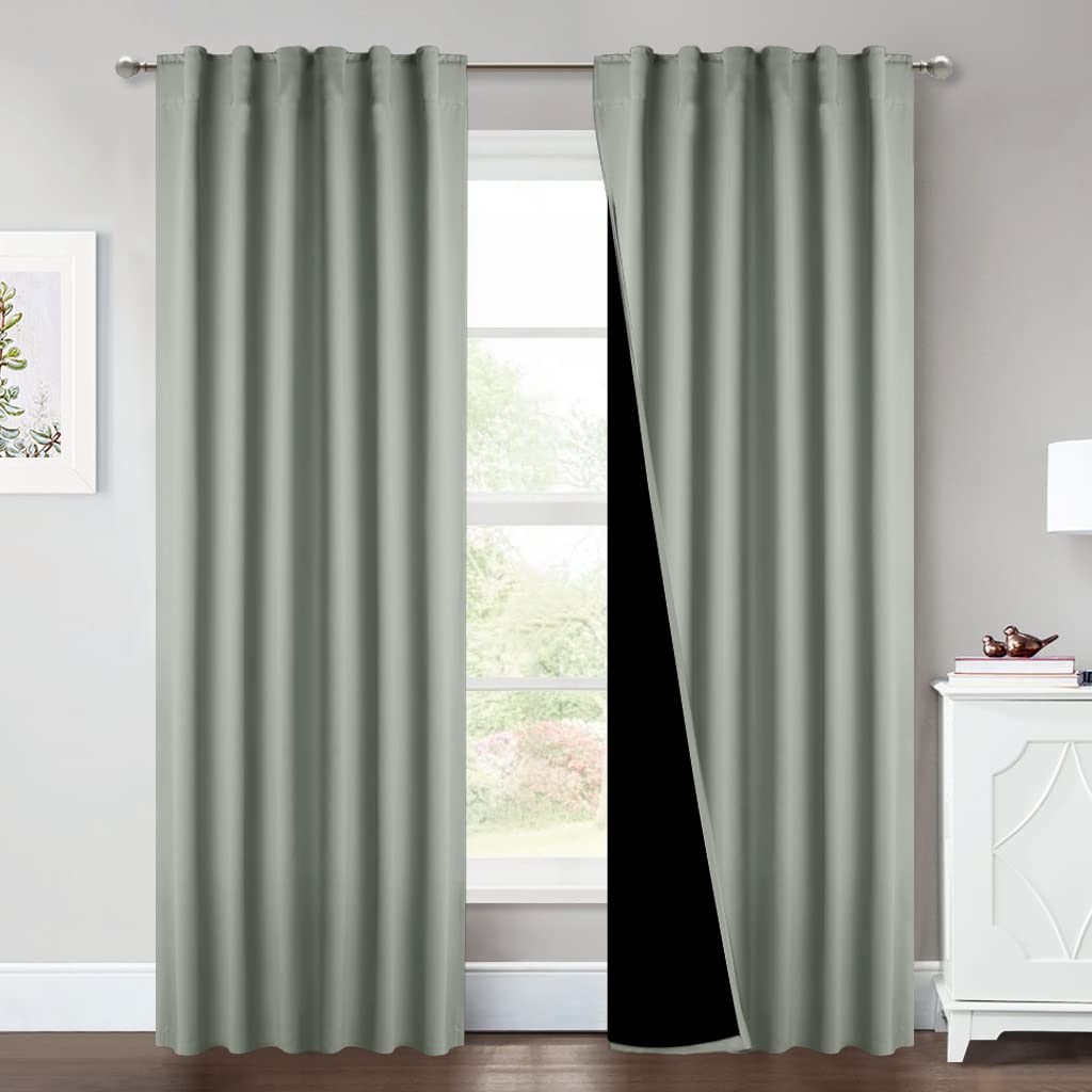 Nicetown Greyish Green 100% Blackout Window Curtain Panels, Cold And Full Light Blocking Drapes With Black Liner For Nursery, 84