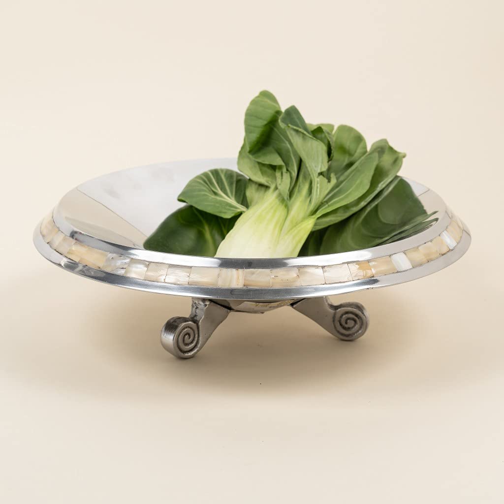 HomeRoots Stainless Steel Silver and Mother of Pearl Pedestal Centerpiece Bowl