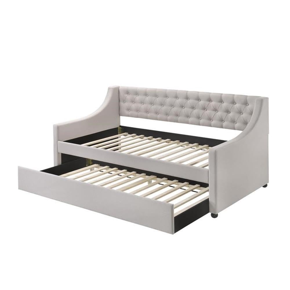 Acme Lianna Tufted Upholstered Twin Daybed and Trundle in Beige and Fog Fabric
