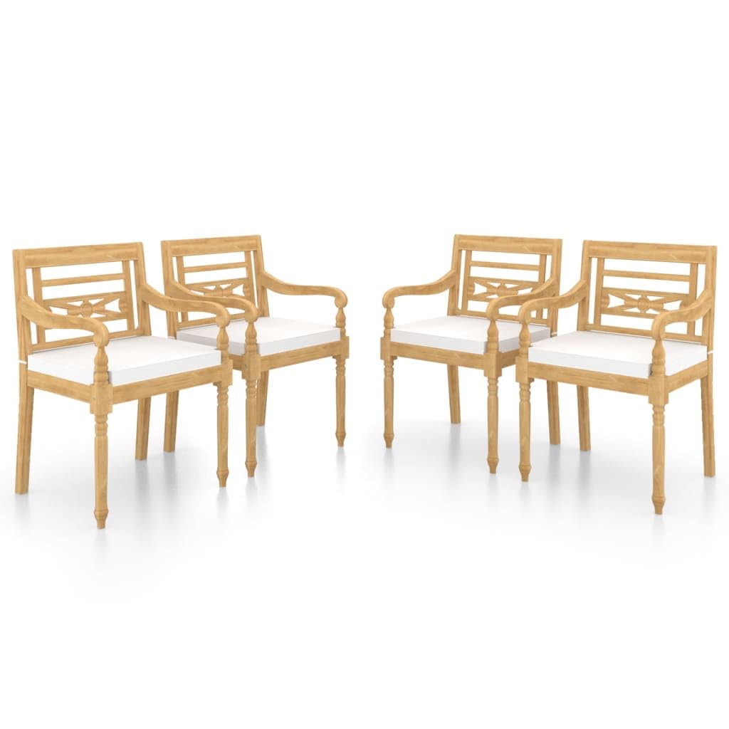 vidaXL Batavia Chairs Set of 4, Solid Teak Wood, Elegant Patio Furniture with Cream Cushions, Decorative Carved Design, Retro Styled, Outdoor Seating