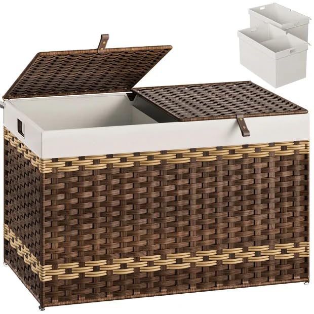 HOOBRO Storage Basket with Lid, 42.3 Gallon (160L) Wicker Storage Basket with 2 Separate Lid, Blanket Storage Bin with 2 Removab