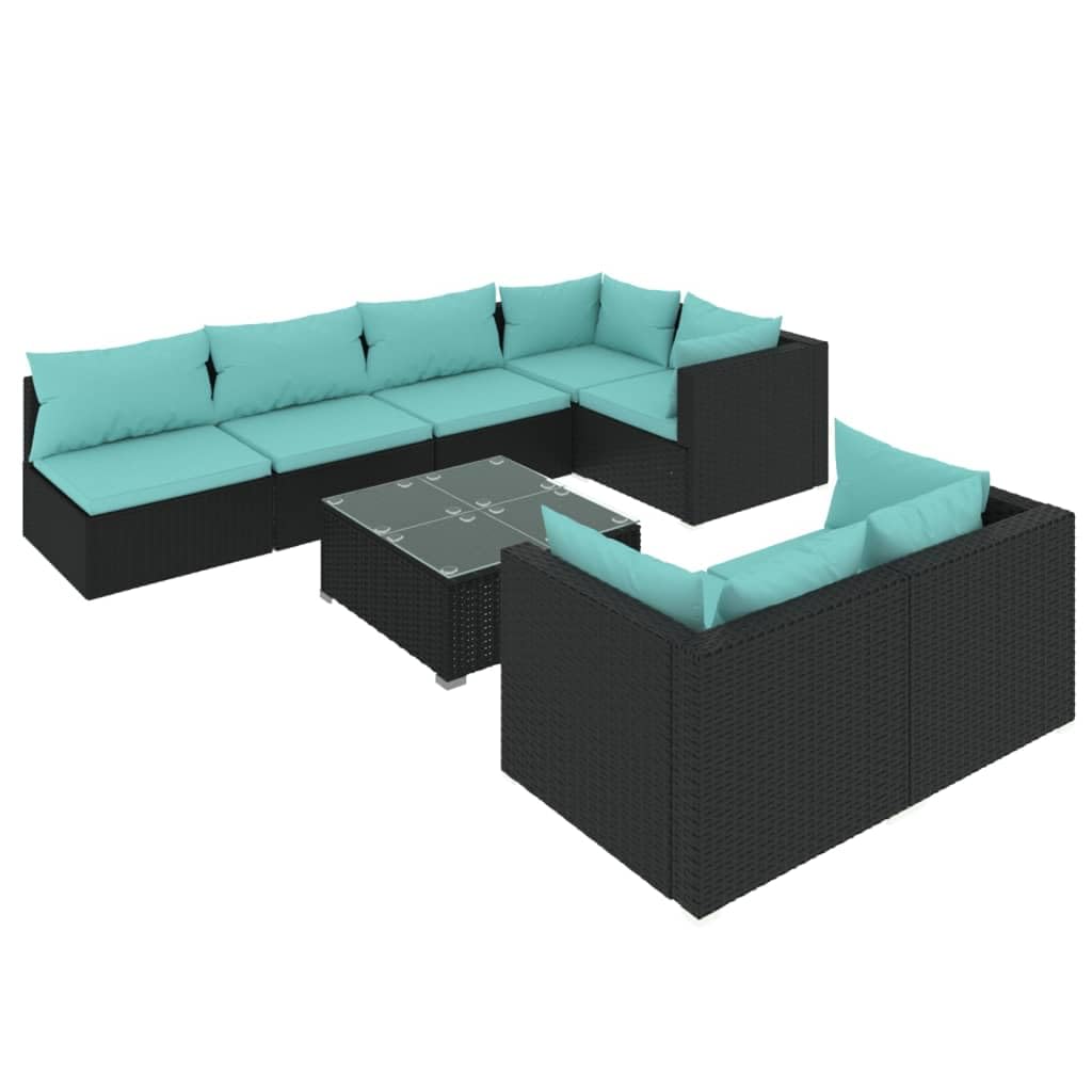 vidaXL 8 Piece Patio Lounge Set with Cushions - Modern Black Poly Rattan Outdoor Furniture Set with Powder-Coated Steel Frame an