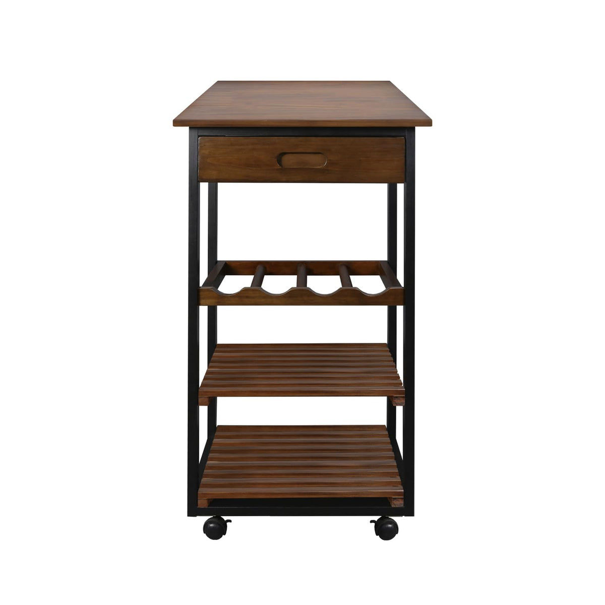 Casual Home Solid Wood 19&quot; Wide Small 4-Tier Rolling Kitchen Cart With Wine Rack And Drawer, Mocha/Black