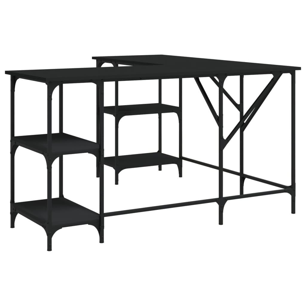 vidaXL Desk Storage L-Shape Computer Table with Shelves Black Engineered Wood