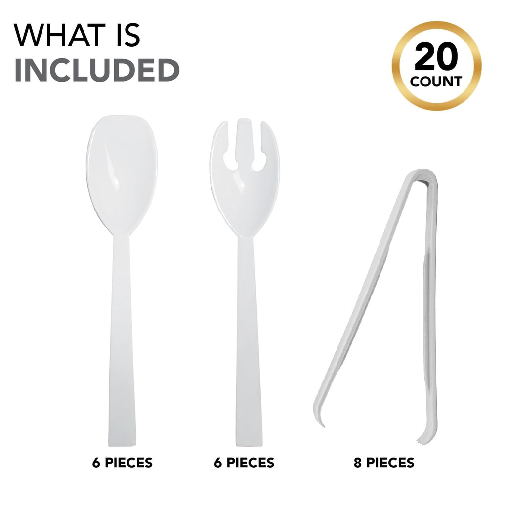 Party Essentials Plastic Party Buffet Serving Utensils Kit, Spoons/Forks/Tong, 20-Piece, White