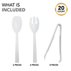 Party Essentials Plastic Party Buffet Serving Utensils Kit, Spoons/Forks/Tong, 20-Piece, White