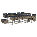 vidaXL Patio Dining Set with Cushions - 15 Piece Gray Poly Rattan Outdoor Garden Furniture - Tempered Glass Tabletop, Space-Saving Chairs and Stools, Navy Cushions