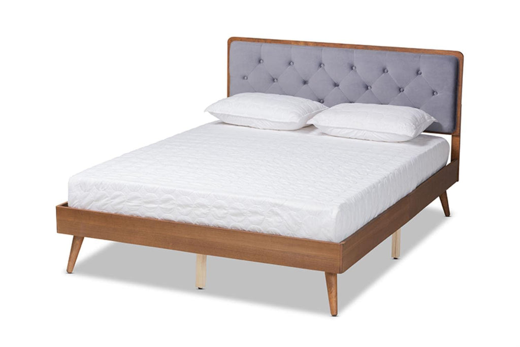 Baxton Studio Larue Modern and Contemporary Grey Velvet Fabric Upholstered and Walnut Brown Finished Wood King Size Platform Bed