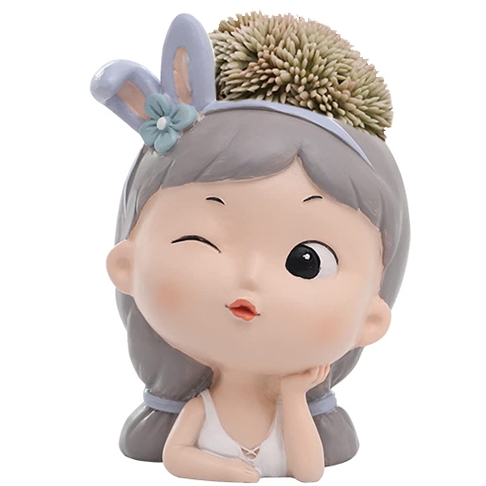 Wayuto Cute Resin Succulent Planter Pots With Drain Hole Rubber Stopper Girls Mini Head Flower Pot Succulent Plants Cactus Ornam
