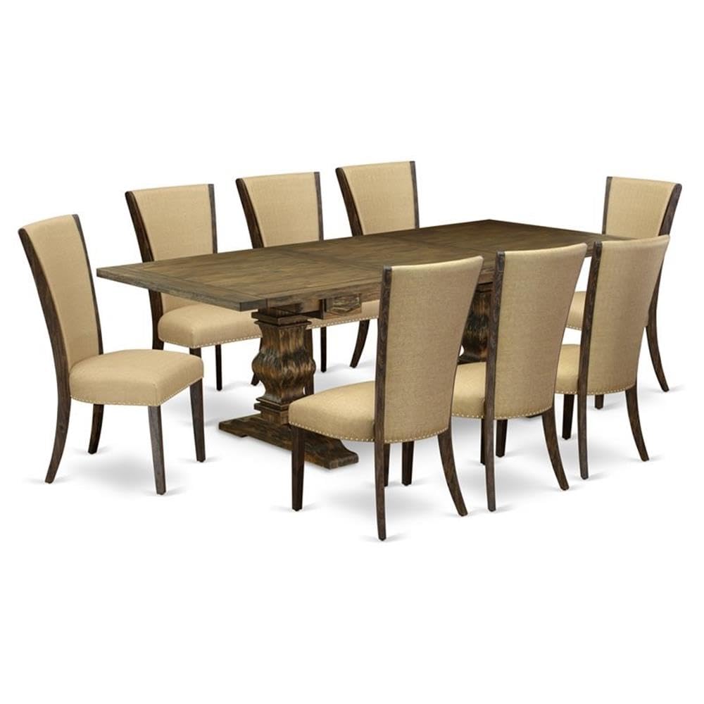 East West Furniture Lave9-77-03 9 Piece Dining Table Set Includes A Rectangle Dining Room Table With Butterfly Leaf And 8 Brown Linen Fabric Upholstered Chairs, 42X92 Inch, Jacobean