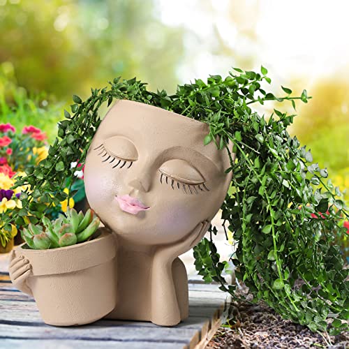 Weweow Face Planter Pot - Double Flower Pots In One For Indoor Outdoor Plants Resin Head Planter With Drainage Hole Cute Lady Fa