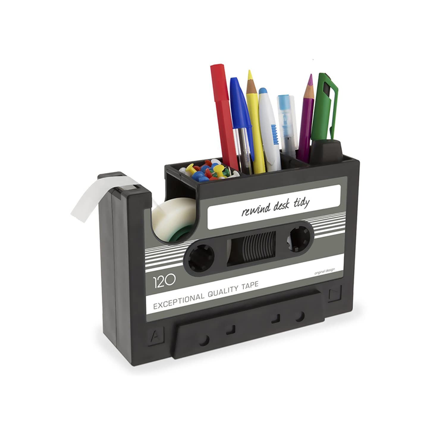 Tape Dispenser With Pen Holder, The Retro Cassette Heat Tape Dispenser, Cute Roll Holder With 1 Roll, Paperclips Holder,Statione
