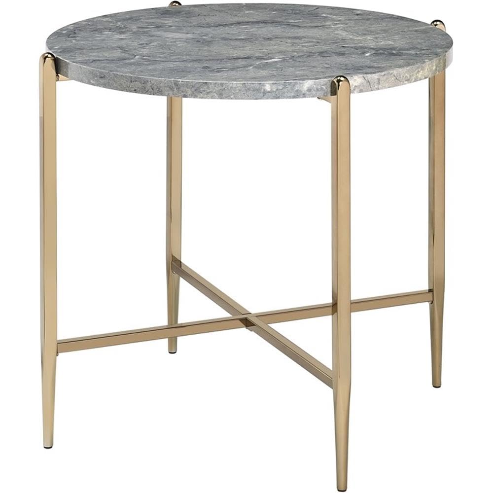 Acme Tainte Round Faux Marble Top End Table In Gray And Champagne