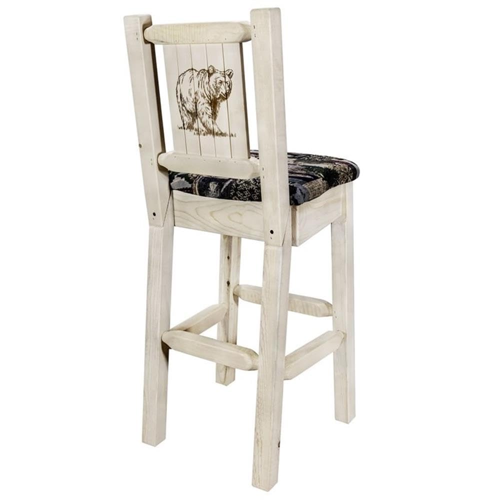 Montana Woodworks Homestead Collection Barstool w/Back - Woodland Upholstery, w/Laser Engraved Bear Design, Ready to Finish