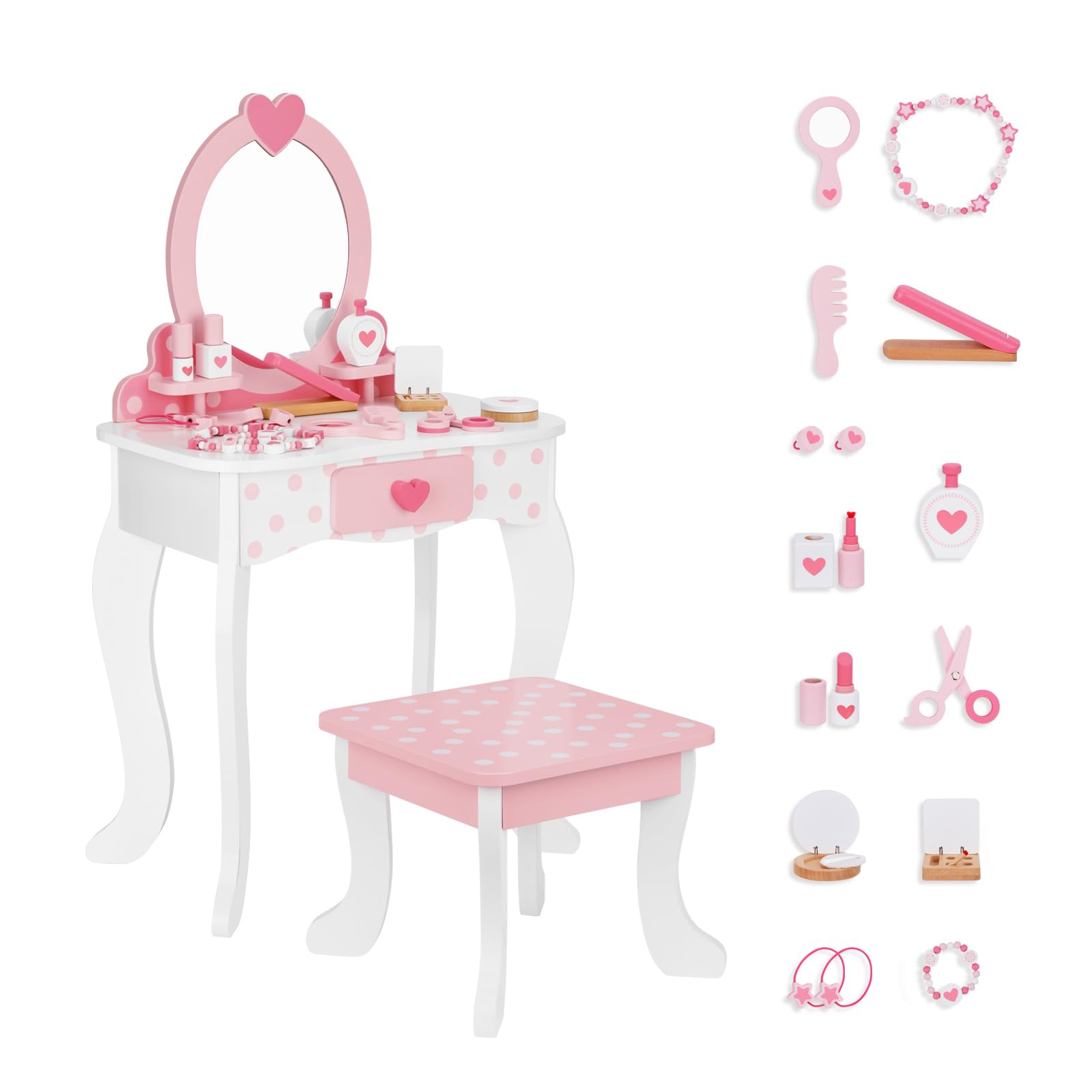 OOOK Kids Vanity Set,Table & Chair Vanity Set with Mirror(Includes 15 pcs Multiple Make up Accessories, Makeup Dressing Table wi