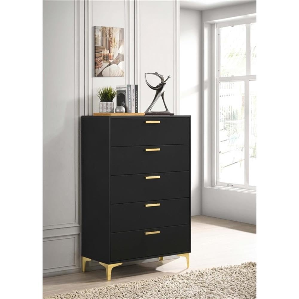 Coaster Home Furnishings Kendall 5-Drawer Contemporary Chest of Drawers Bedroom Clothing Storage Cabinet Engineered Wood Eco-Friendly Laminate with Gold Metal Legs and Handles Black 224455