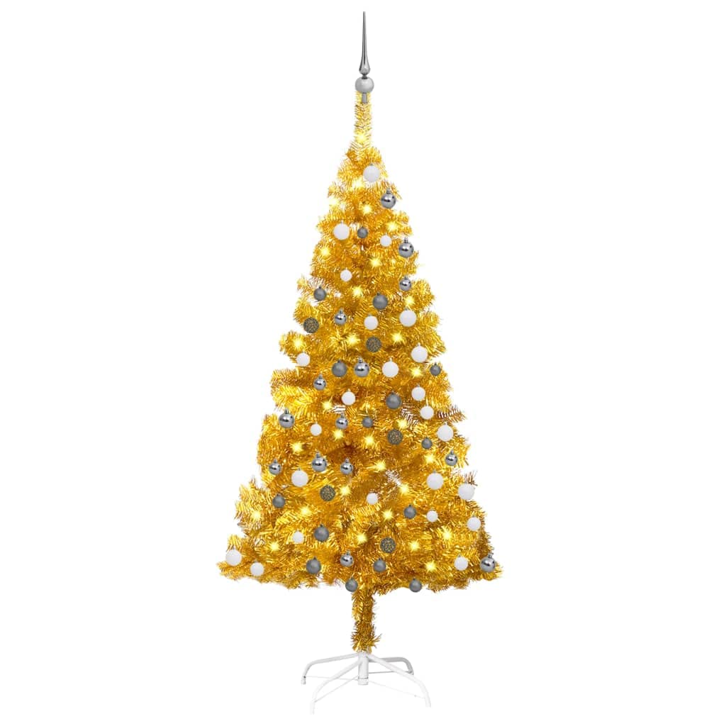 Vidaxl 47.2&quot; Artificial Christmas Tree With Leds & Shiny Gold Ball Set, Pet Material, Energy Efficient, Durable Steel Feet, Home Holiday Decor