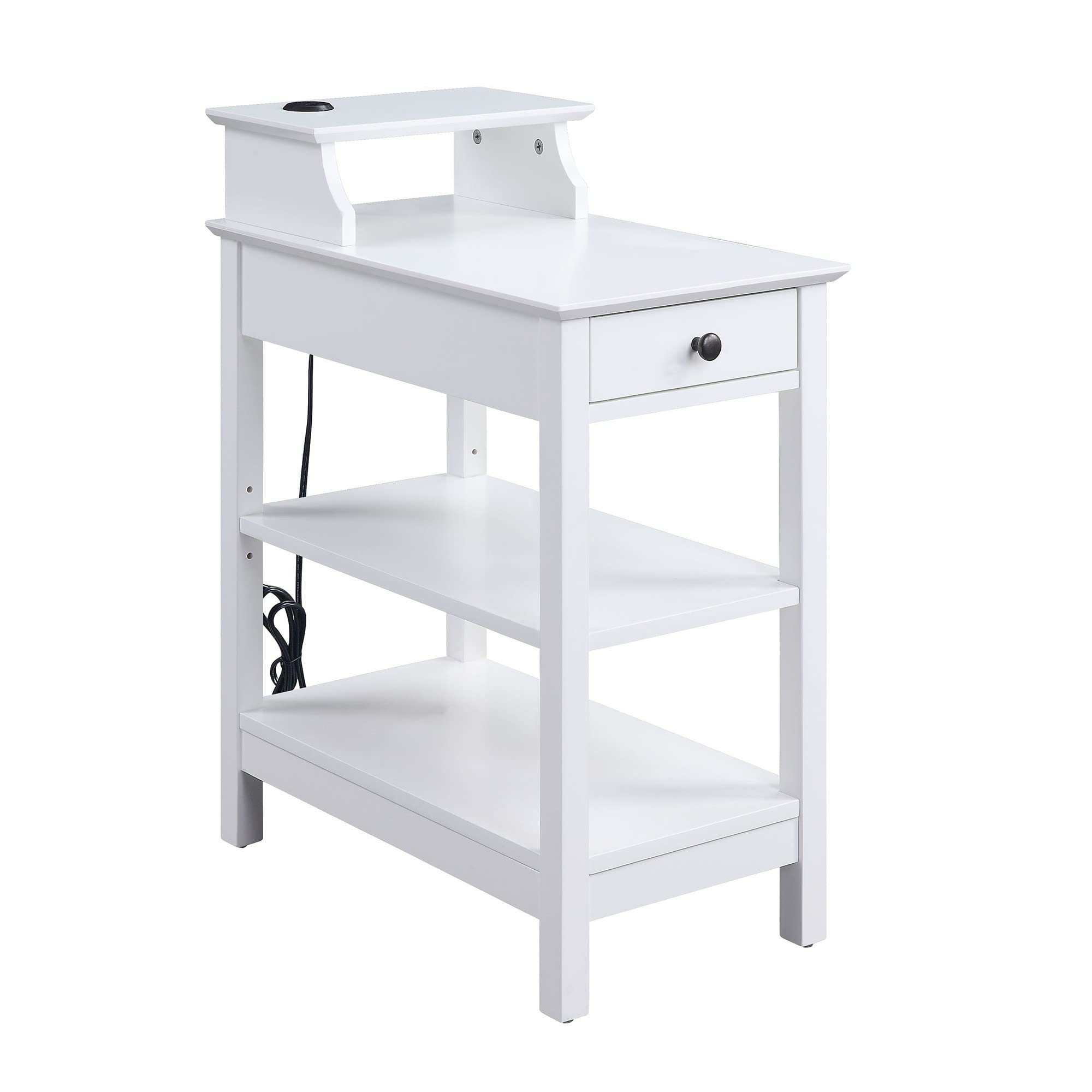Benjara Wooden Frame Side Table With 3 Open Compartments And 1 Drawer, White